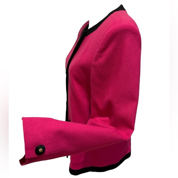 80s OLEG CASSINI FUSHIA PINK & BLACK COLORBLOCK COLLARLESS CROPPED BLAZER SZ 8 - Picture 4 of 8
